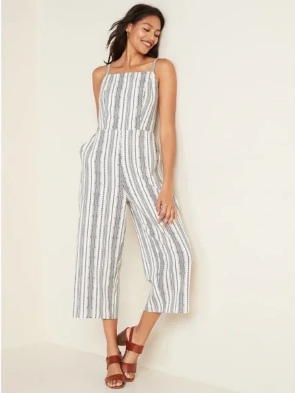 Old Navy Black and White Linen Blend Geometric Stripe Cami Jumpsuit Size Large